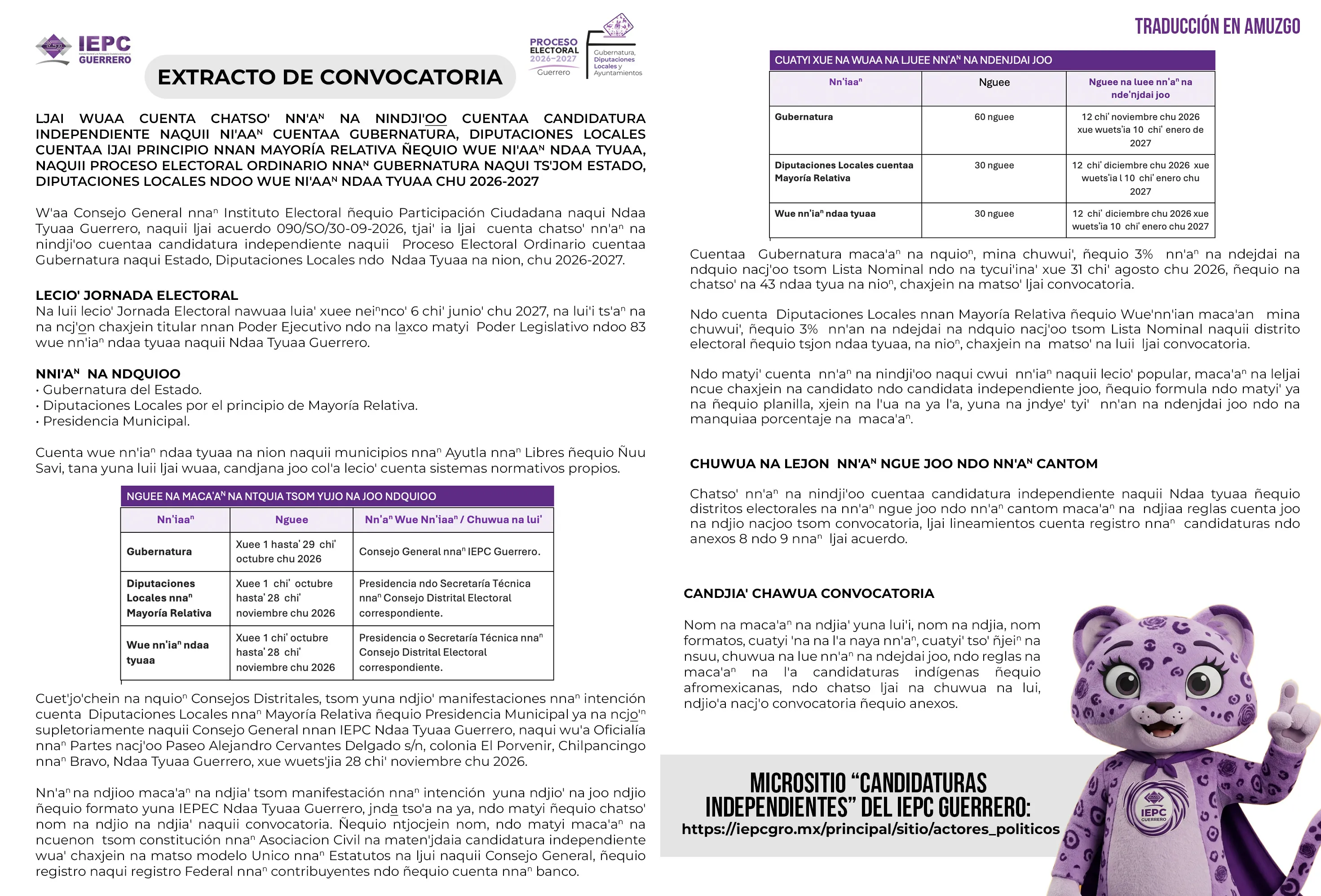 Extracto Amuzgo de la Convocatoria para Candidaturas Independientes.
