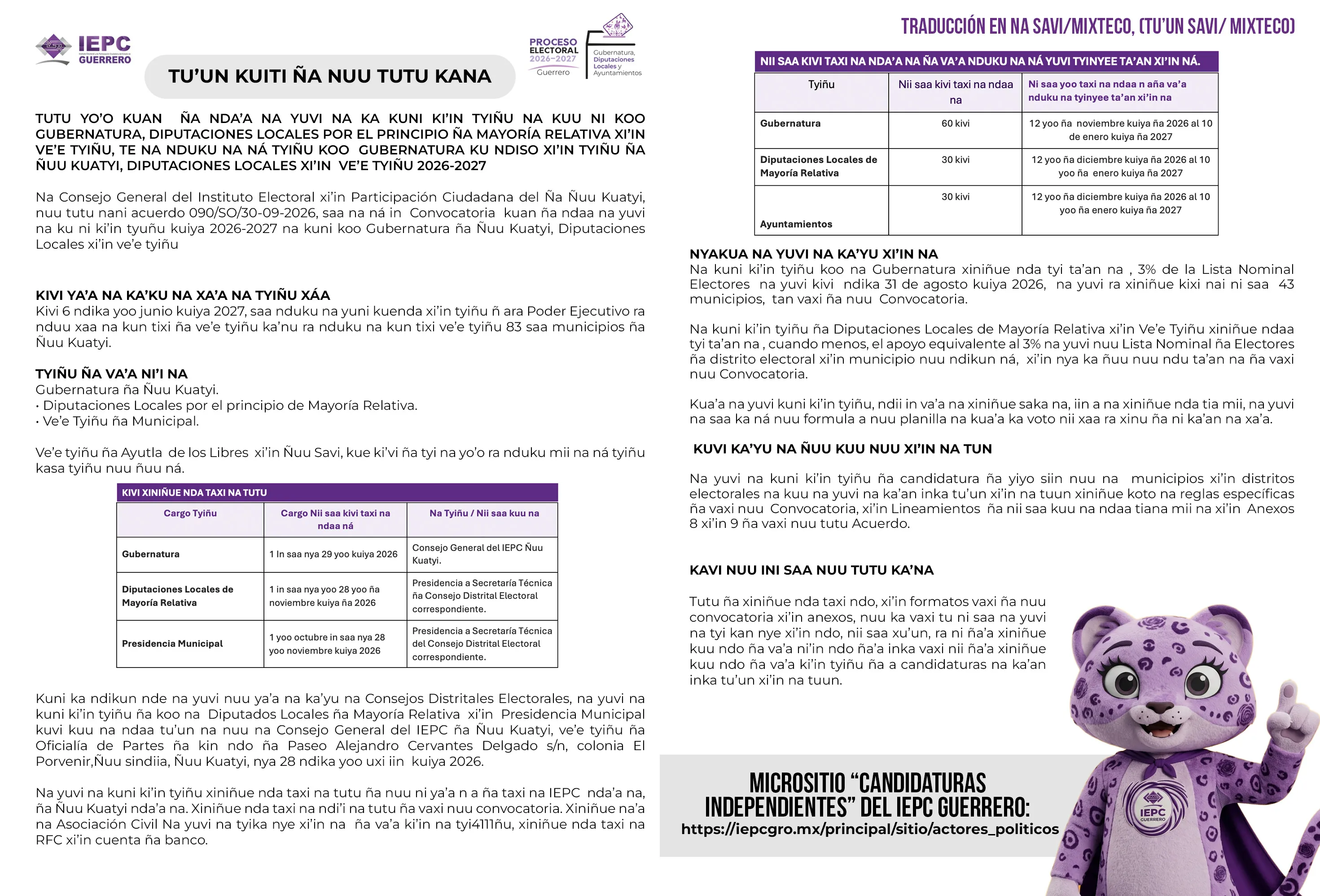 Extracto mixteco de la Convocatoria para Candidaturas Independientes.
