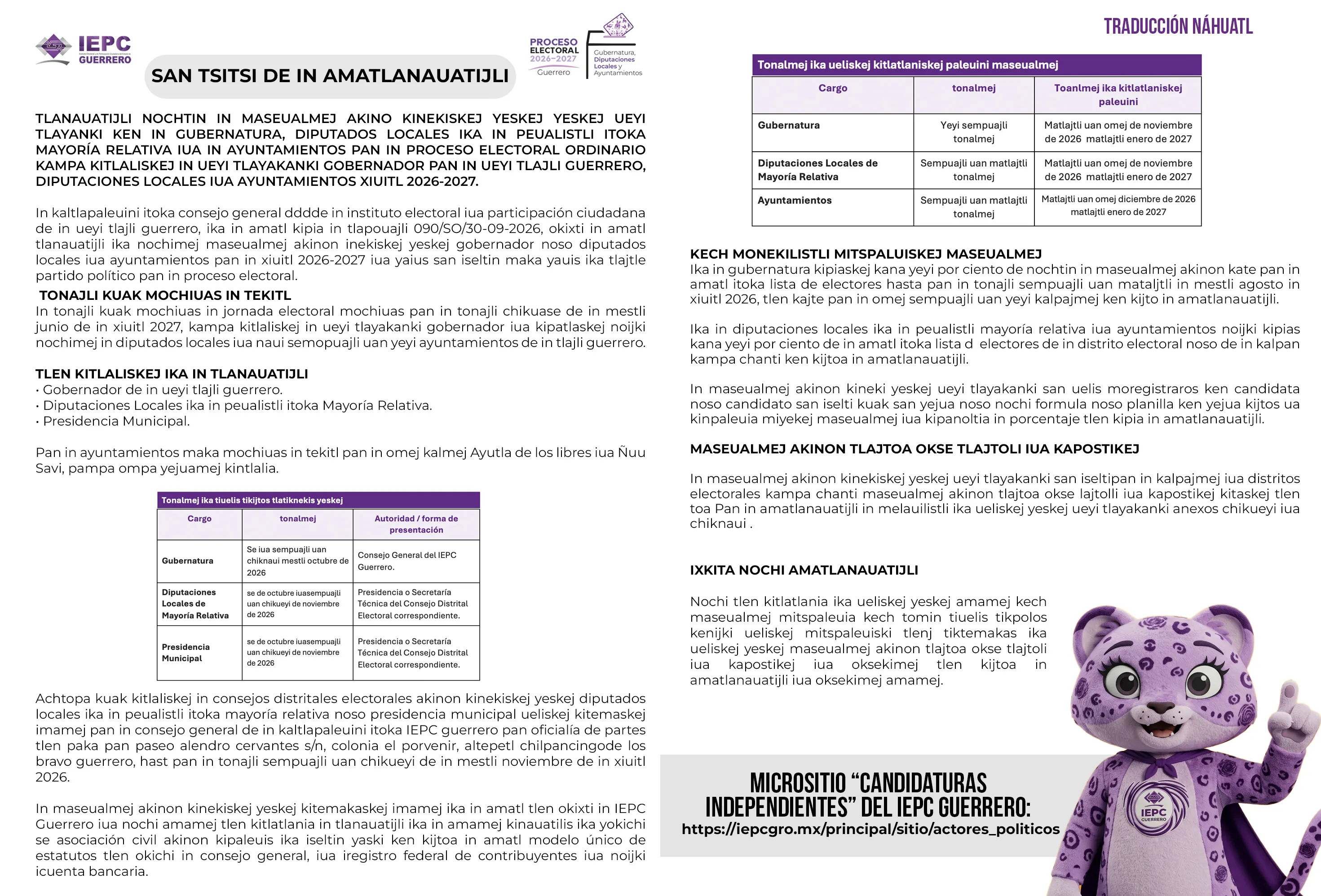 Extracto nahuatl de la Convocatoria para Candidaturas Independientes.